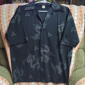 Men's Black Dragon Print Shirt Vtg